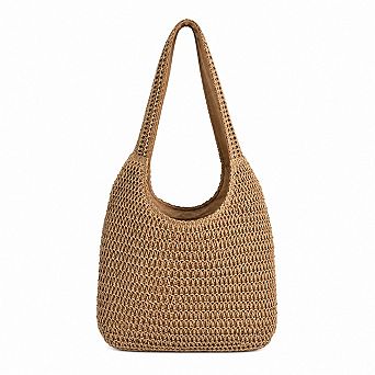 Woven Straw Tote Bag Zip Top Lightweight Summer Shoulder Carryall with Interior Pocket