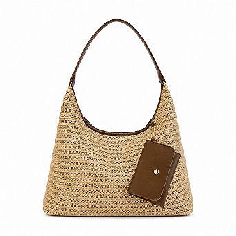 Woven Straw Shoulder Bag Hobo Handbag with Removable Pouch and Magnetic Closure