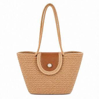 Woven Rope Tote Bag with Flap Cover Pearl Button Large Capacity Shoulder Carryall