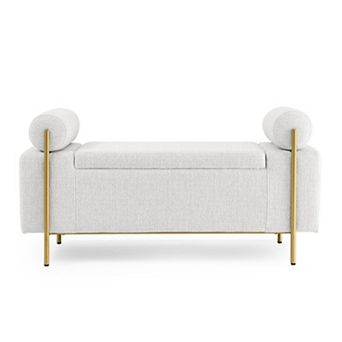 Elegant Upholstered Linen Storage Bench with Cylindrical Arms and Iron Legs for Hallway, Bedroom