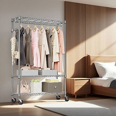 3-Tier Heavy Duty Garment Rack on Wheels, with 1 Hang Rod, Adjustable Metal Wardrobe
