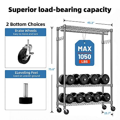 3-Tier Heavy Duty Garment Rack on Wheels, with 1 Hang Rod, Adjustable Metal Wardrobe