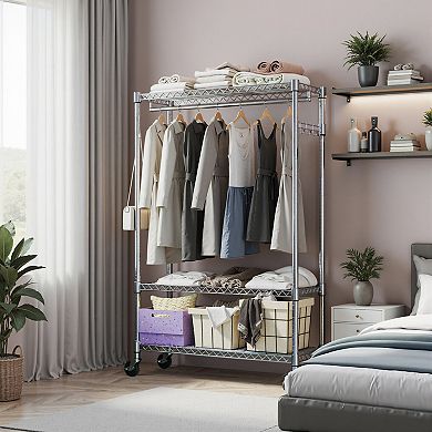3-Tier Heavy Duty Garment Rack on Wheels, with 1 Hang Rod, Adjustable Metal Wardrobe