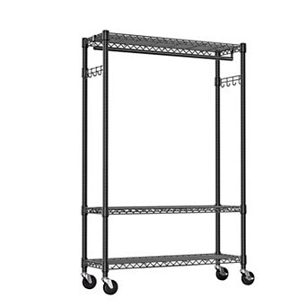 3 tier Heavy Duty Garment Rack on Wheels, with 1 Hang Rod, Adjustable Metal Wardrobe