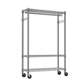 3 tier Heavy Duty Garment Rack on Wheels, with 1 Hang Rod, Adjustable Metal Wardrobe