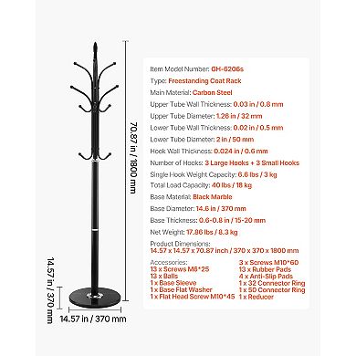 Freestanding Coat Rack, with 6 Hooks & Marble Base , 40lbs Capacity, Anti-Tipping Design