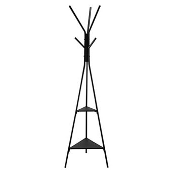 Freestanding Coat Rack, with 6 Hooks & 2 Shelves, 22lbs Capacity, Triangular Anti-Tipping Base