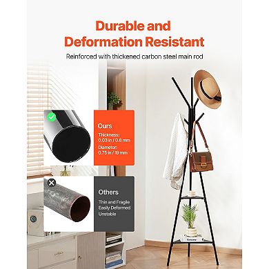 Freestanding Coat Rack, with 6 Hooks & 2 Shelves, 22lbs Capacity, Triangular Anti-Tipping Base