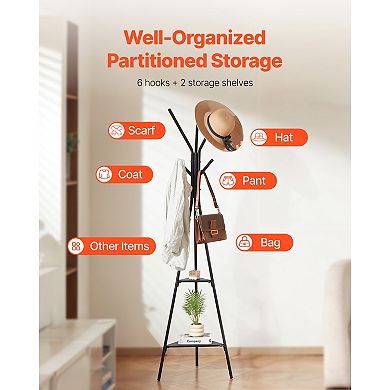 Freestanding Coat Rack, with 6 Hooks & 2 Shelves, 22lbs Capacity, Triangular Anti-Tipping Base