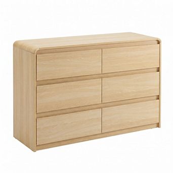 Modern 6 Drawer Wood Dresser with Concealed Handles & Rounded Corners for Bedroom Living Room Study