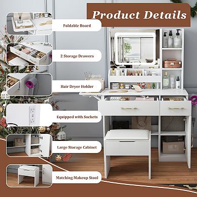 Lufeiya Vanity Desk with LED Mirror and Charging Station, Drawers, 7 Shelves Storage Stool