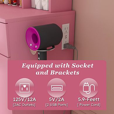 Lufeiya Vanity Desk with LED Mirror and Charging Station, Drawers, 7 Shelves Storage Stool