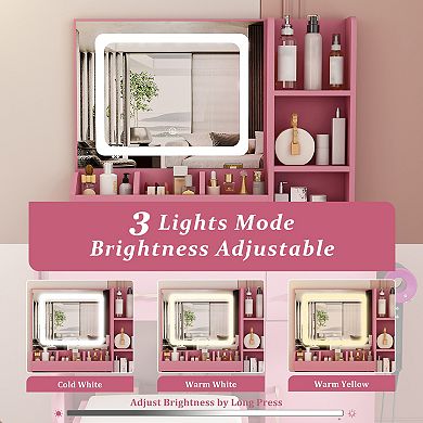 Lufeiya Vanity Desk with LED Mirror and Charging Station, Drawers, 7 Shelves Storage Stool