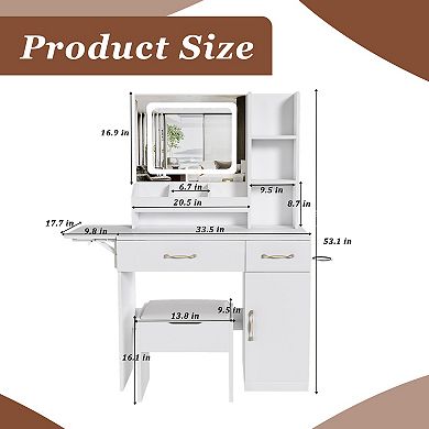 Lufeiya Vanity Desk with LED Mirror and Charging Station, Drawers, 7 Shelves Storage Stool