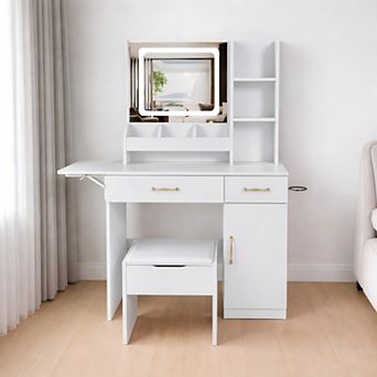 Lufeiya Vanity Desk with LED Mirror and Charging Station, Drawers, 7 Shelves Storage Stool
