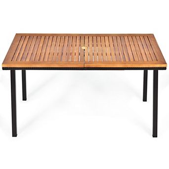 Costway 55'' Patio Rattan Dining Table Acacia Wood Table Top Umbrella Hole