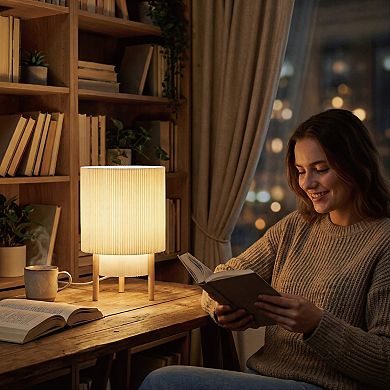 Dimmable 2 Tier Pleated Fabric Table Lamp with Wood Base