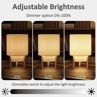 Dimmable 2 Tier Pleated Fabric Table Lamp with Wood Base