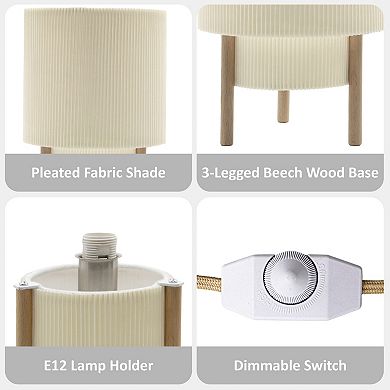 Dimmable 2 Tier Pleated Fabric Table Lamp with Wood Base
