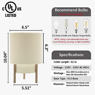 Dimmable 2 Tier Pleated Fabric Table Lamp with Wood Base