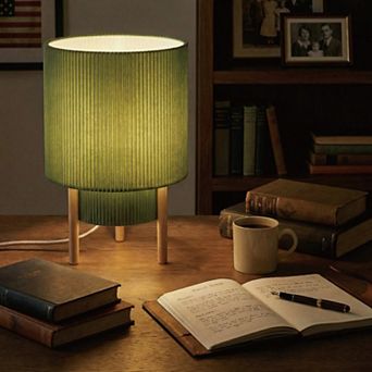 Dimmable 2 tier Pleated Fabric Table Lamp with Wood Base