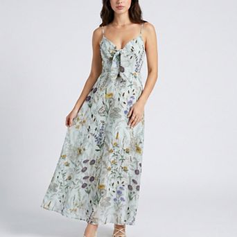 Women's Floral Print Tie Front Maxi Dress with Spaghetti Straps and Flowy Skirt