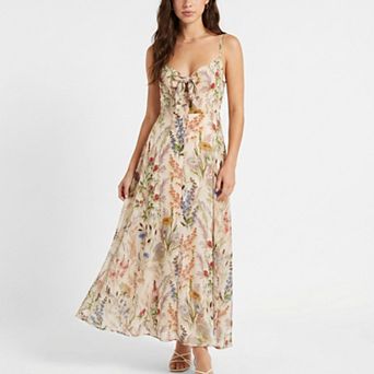 Women's Floral Print Tie Front Maxi Dress with Spaghetti Straps and Flowy Skirt