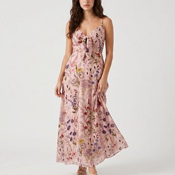 Women's Floral Print Tie Front Maxi Dress with Spaghetti Straps and Flowy Skirt
