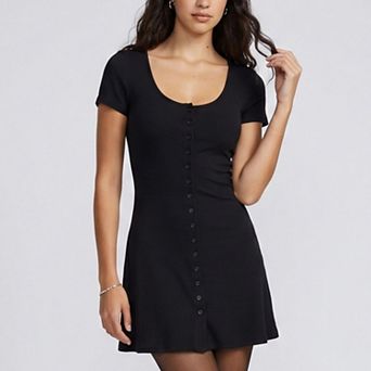 Women's Short Sleeve Rib Knit Mini Dress with Button Front and Scoop Neck
