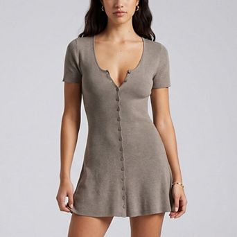 Women's Short Sleeve Rib Knit Mini Dress with Button Front and Scoop Neck