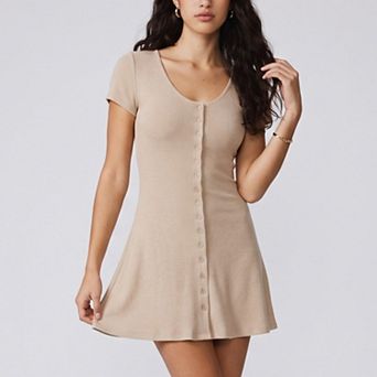 Women's Short Sleeve Rib Knit Mini Dress with Button Front and Scoop Neck