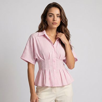 Women's Striped Button Front Peplum Blouse with Collared Neck and Pleated Hem