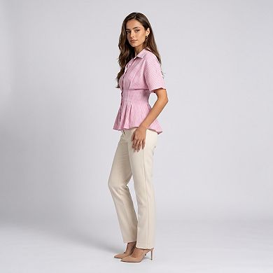 Women's Striped Button Front Peplum Blouse with Collared Neck and Pleated Hem