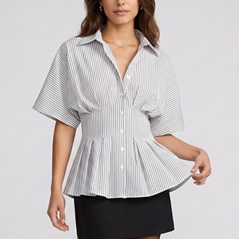 Women's Striped Button Front Peplum Blouse with Collared Neck and Pleated Hem