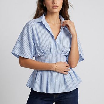 Women's Striped Button Front Peplum Blouse with Collared Neck and Pleated Hem