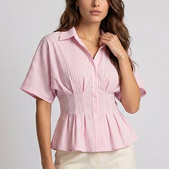 Women's Striped Button Front Peplum Blouse with Collared Neck and Pleated Hem