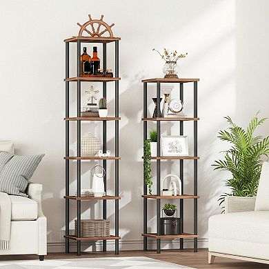 5-Tier Corner Shelf Stand No Tool Assembly Large Capacity Multi-Purpose Rustic Brown Black