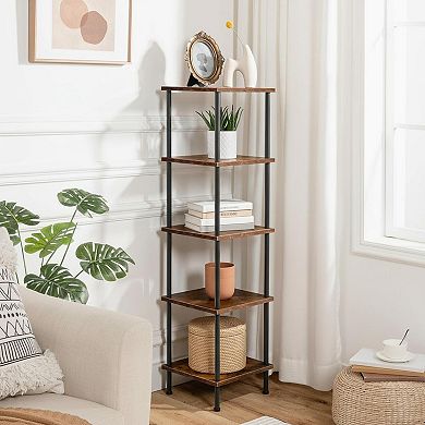 5-Tier Corner Shelf Stand No Tool Assembly Large Capacity Multi-Purpose Rustic Brown Black
