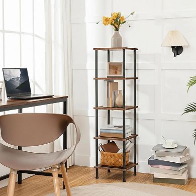 5-Tier Corner Shelf Stand No Tool Assembly Large Capacity Multi-Purpose Rustic Brown Black