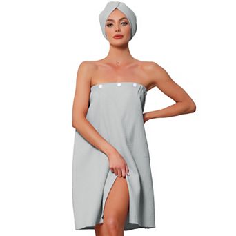 Women's Waffle Wrap and Hair Towel Dress Body Wrap Robes Snap Closure Towelling Shower Bathrobe
