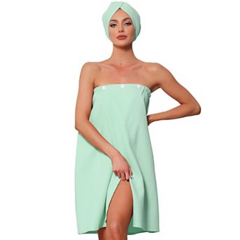 Women's Waffle Wrap and Hair Towel Dress Body Wrap Robes Snap Closure Towelling Shower Bathrobe