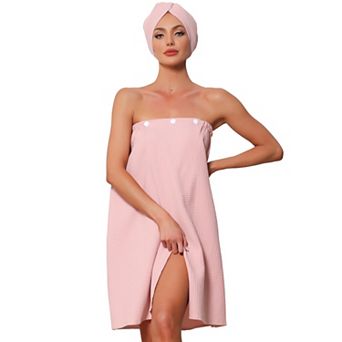 Women's Waffle Wrap and Hair Towel Dress Body Wrap Robes Snap Closure Towelling Shower Bathrobe