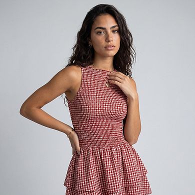 Women's Gingham Sleeveless Smocked Mini Dress with Tiered Ruffle Skirt