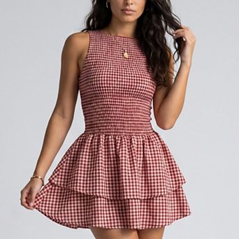 Women's Gingham Sleeveless Smocked Mini Dress with Tiered Ruffle Skirt