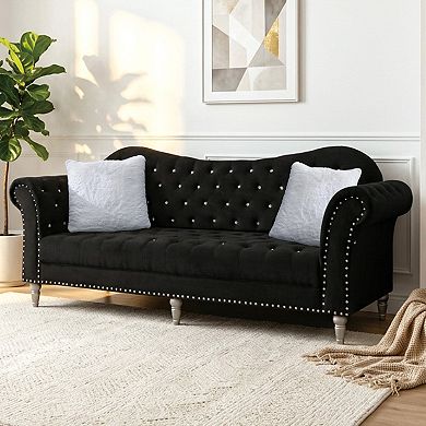 88.6" Velvet 3-Seater Sofa, Crystal Diamond Tufted Chesterfield