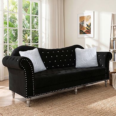 88.6" Velvet 3-Seater Sofa, Crystal Diamond Tufted Chesterfield