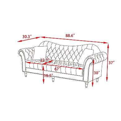 88.6" Velvet 3-Seater Sofa, Crystal Diamond Tufted Chesterfield