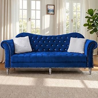 88.6" Velvet 3-Seater Sofa, Crystal Diamond Tufted Chesterfield
