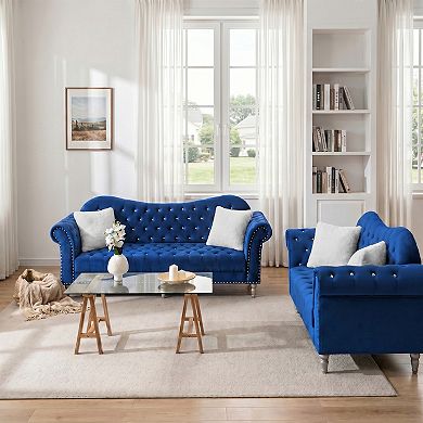Velvet Loveseat and 3-Seater Sofa Set, Crystal Diamond Tufted Chesterfield