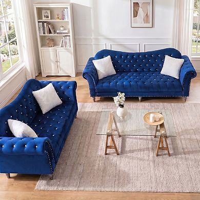 Velvet Loveseat and 3-Seater Sofa Set, Crystal Diamond Tufted Chesterfield